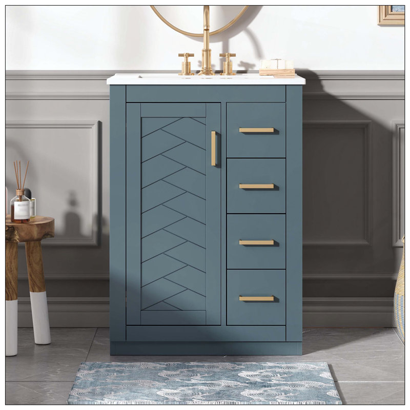 Évier intégré en céramique 1 porte 3 tiroirs, Bleu