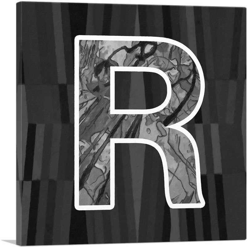 «Modern Modern Black White Alphabet lettre R», reproduction d'art textuel sur toile tendue, H 26 po x l 26 po x P 0,75 po