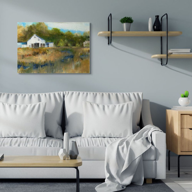 «White Farmhouse Landscape Rustic Rolling Grassland» par Liz Jardine - impression d'art graphique, Toile tendue