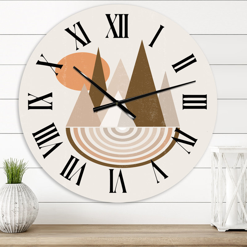 Horloge murale moderne paysage de montagne minimaliste avec pleine lune rouge, Moyenne