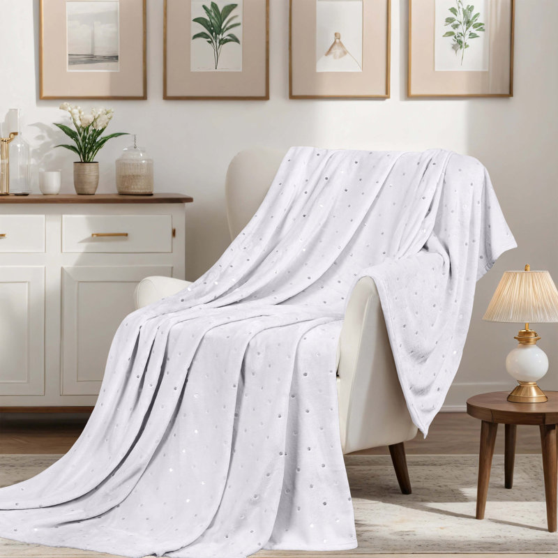 Couverture en molleton 100% polyester de qualité supérieure à pois métalliques, Pois blanc, Jeté TG