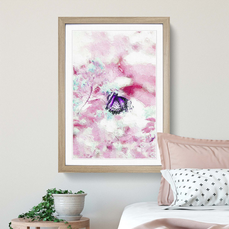 A Butterfly Upon A Flower In Abstract - Single Picture Frame Painting, 63cm H x 45cm W x 2cm D, Oak Framed