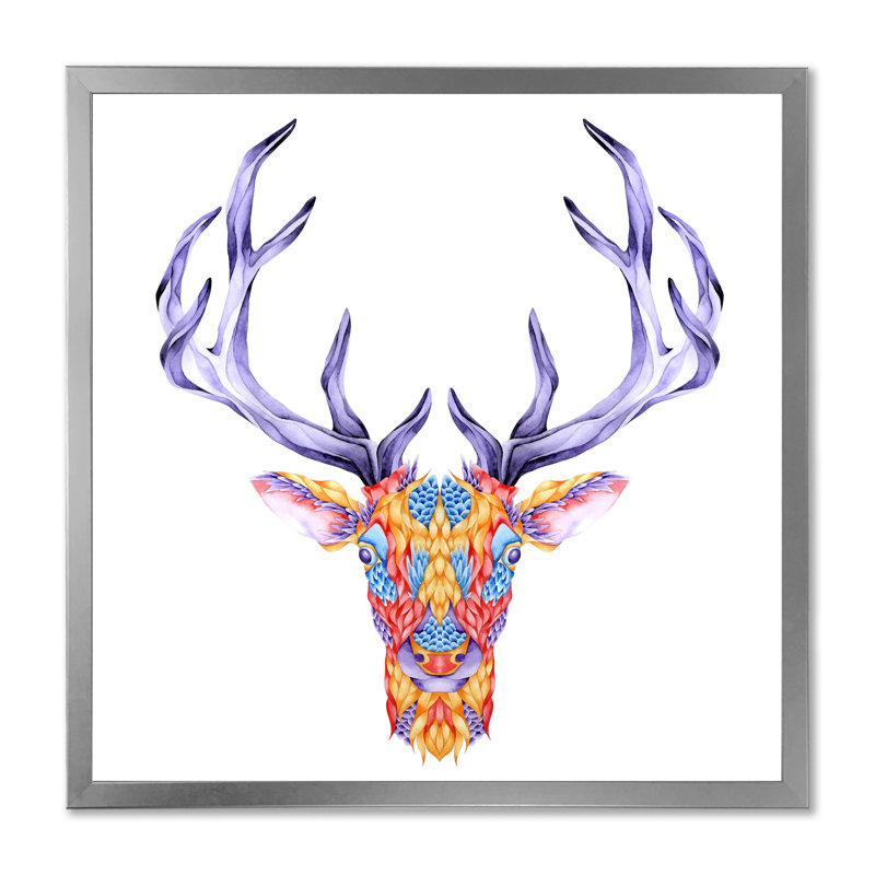 " Multicolor Deer Head " Painting Print, 16" H x 16" W x 1" D, Silver Picture Framed Canvas