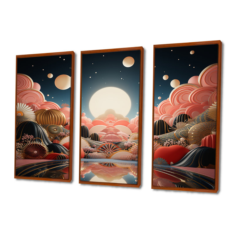 Rayden - Ensemble de salon mural art abstrait paysage, H 28 po x l 36 po x P 1 po, Cadre flottant brun