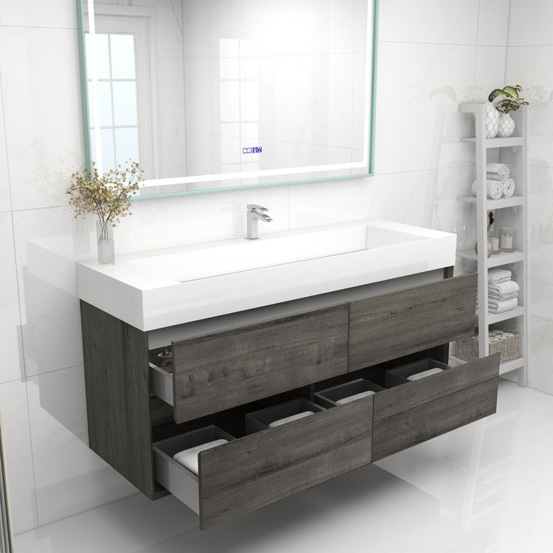 Meuble-lavabo mural simple 60 po, Chêne fumé