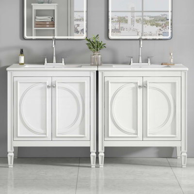 Ensemble de meuble-lavabo avec lavabo double, lavabo en céramique, portes à fermeture en douceur avec tablette, tiroir de rangement