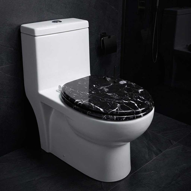 17" Marbleized Mdf Toilet Seat - Round Standard Size - Faux Marble Design Black, Black