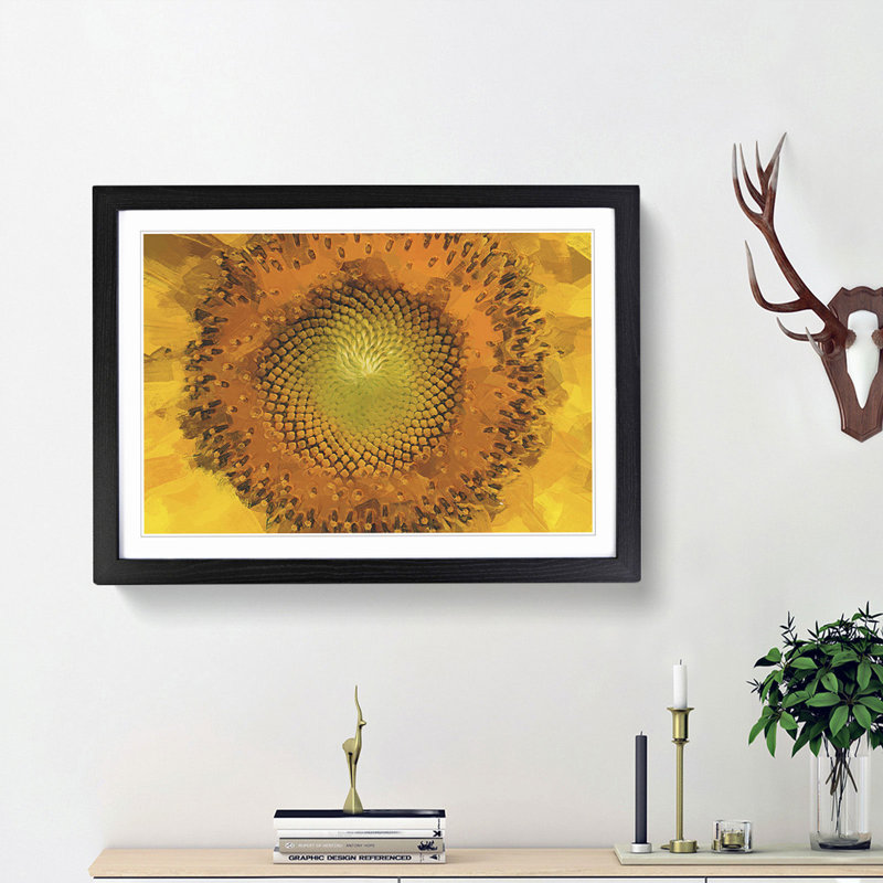 The Eye of a Yellow Sunflower in Abstract - Picture Frame Graphic Art Print on MDF, 36cm H x 48cm W x 2cm D, Black Framed