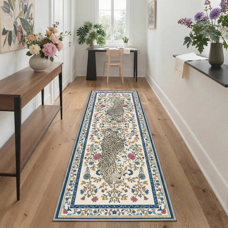 Almont Exotic Leopard Floral Machine Washable Beige / Blue Indoor Area Rug with Non-Slip Backing, Runner 2'6" x 8'