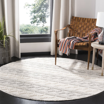 Tapis ivoire / gris en laine / coton tissé à la main à motif géométrique Diara