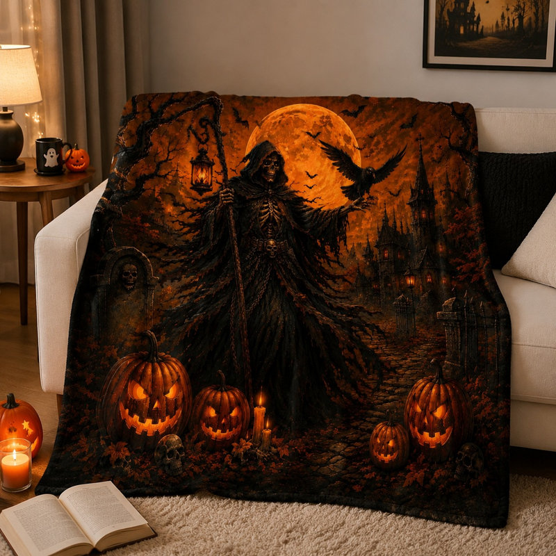 Couverture polaire douce et effrayante avec citrouille et lanterne pour l'Halloween, idéale pour décorer un canapé, une chambre ou un salon.