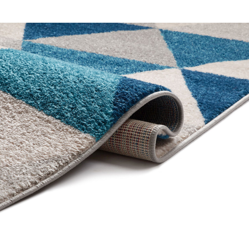 Tapis bleu / gris à motif géométrique moderne facile à nettoyer Rubino, Rectangle 7 pi 10 po x 10 pi 6 po