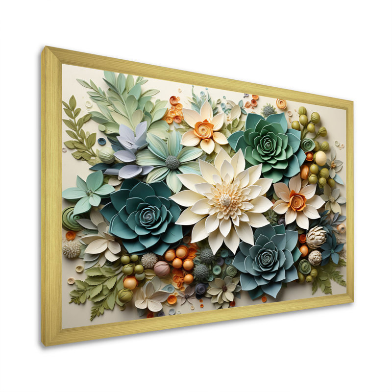 Plantes vertes succulentes sereines - Art mural, H 34 po x l 44 po, Cadre photo unique, Doré