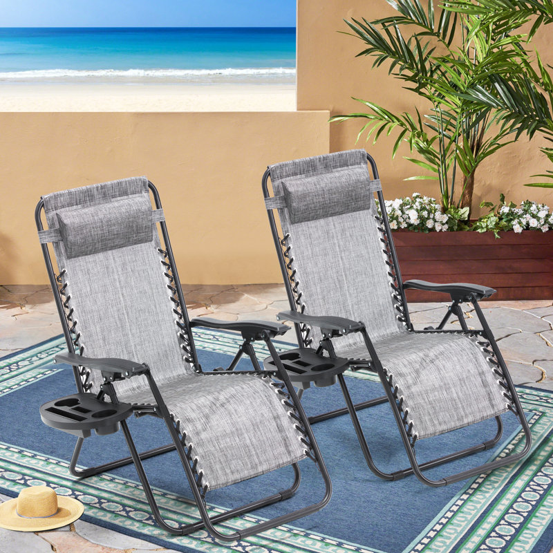 Set of 2 Zero Gravity Lounge Chairs, Folding Reclining Patio Chairs with Cup Holder & Headrest, Gray
