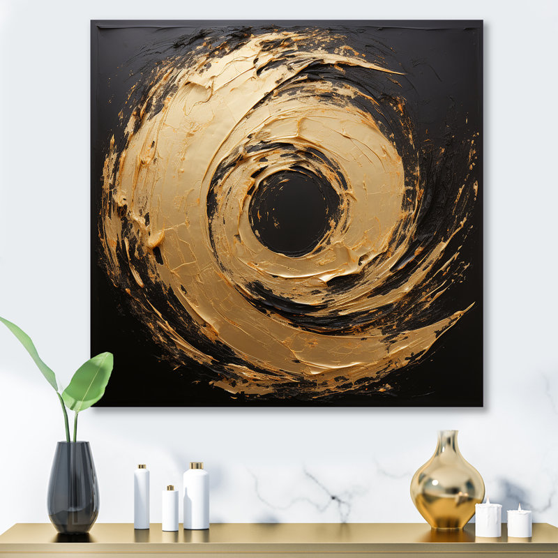Vortex galatique doré et noir en spirale - Spirales abstraites en métal, H 29 po x l 29 po