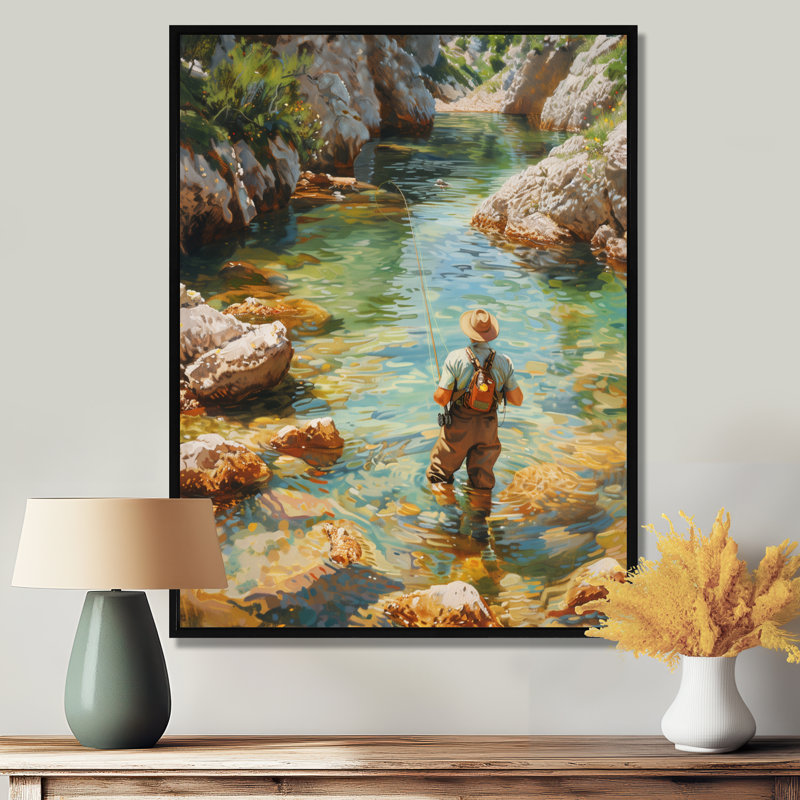 River Trout Fishing In The Mountains II - Hunting & Fishing Wall Art, 32" H x 16" W x 1" D, Black Floater Framed Canvas