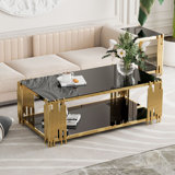  Rahmi 51" L x 27.5" W 2-Tier Rectangle Black Tempered Glass Top Coffee Table, Deluxe Gold Stainless Legs Sofa Table