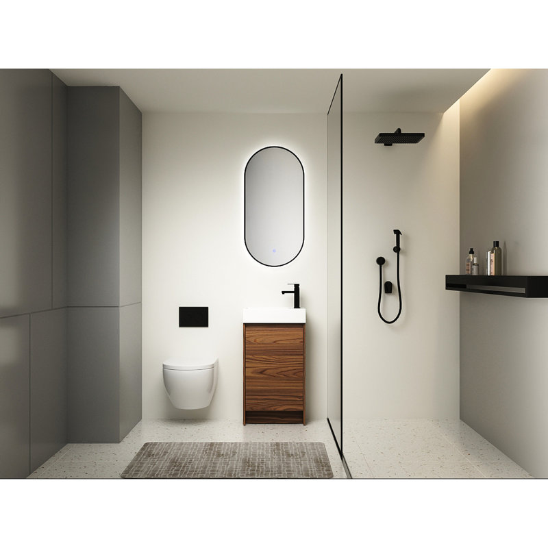 Meuble-lavabo autoportant de 18 pouces avec lavabo simple. Cabinet de caractère délicat. Lavabo en céramique. Bois d'ébène brun pour portes de salle de bain à fermeture en douceur. Petits espaces de bain
