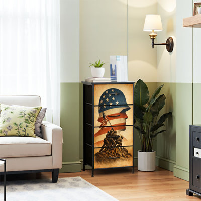 Commode 4 tiroirs pour chambre à coucher, commode étroite, plateau en bois et structure de bureau en fer 18 po x 37,5 po - (l x H) - avec motif de silhouette de soldat américain