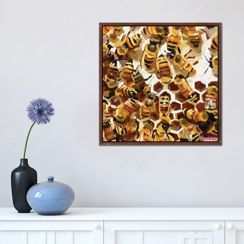 Buzzz by Teddi Parker - Painting on Canvas, 45.72 cm H x 45.72 cm W, Classic Brown Wood Framed
