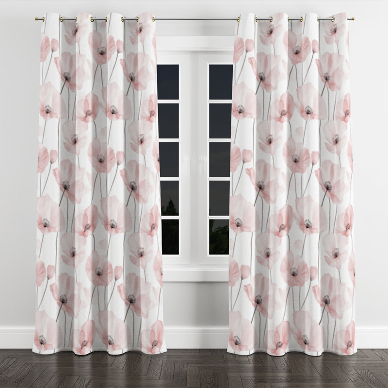 Floral Room Darkening Curtains - French Country Blush Poppies Grommet Curtain - 1 Panel, Gold Grommets, 52" W x 63" L