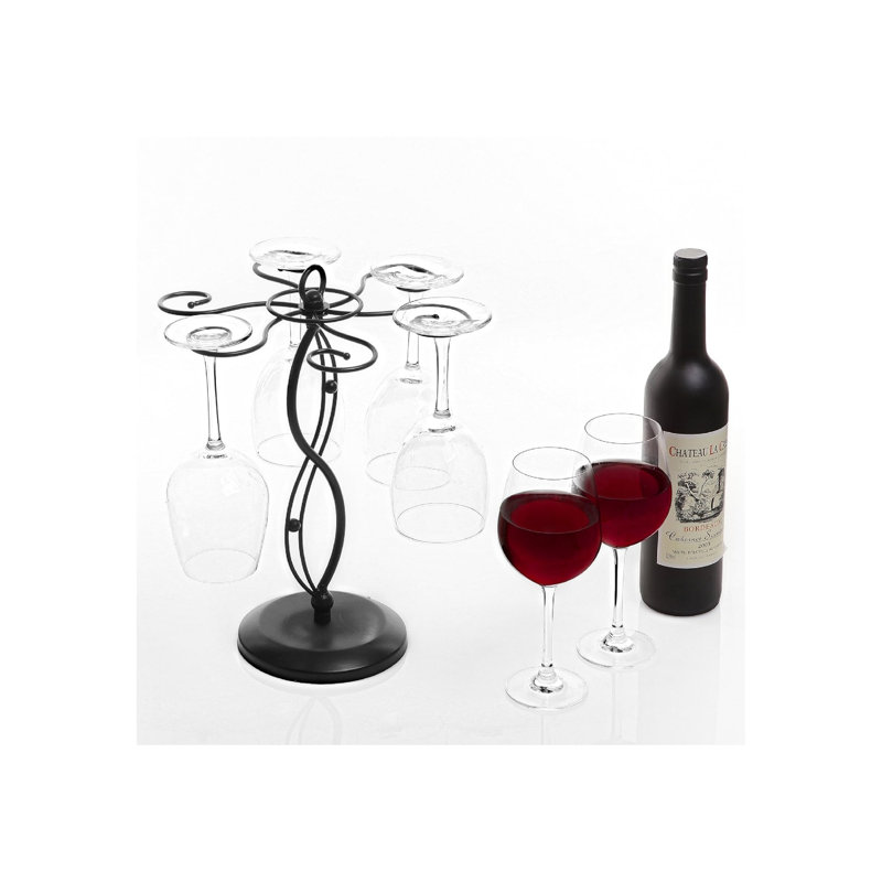 6-Hook Rotating Wine Glass Rack With Sturdy Base & Scrollwork Design - Black Metal Countertop Stemware Holder | Rust-Resistant, Space-Saving Storage For Kitchen, Bar, Dining Table (13.75" H)