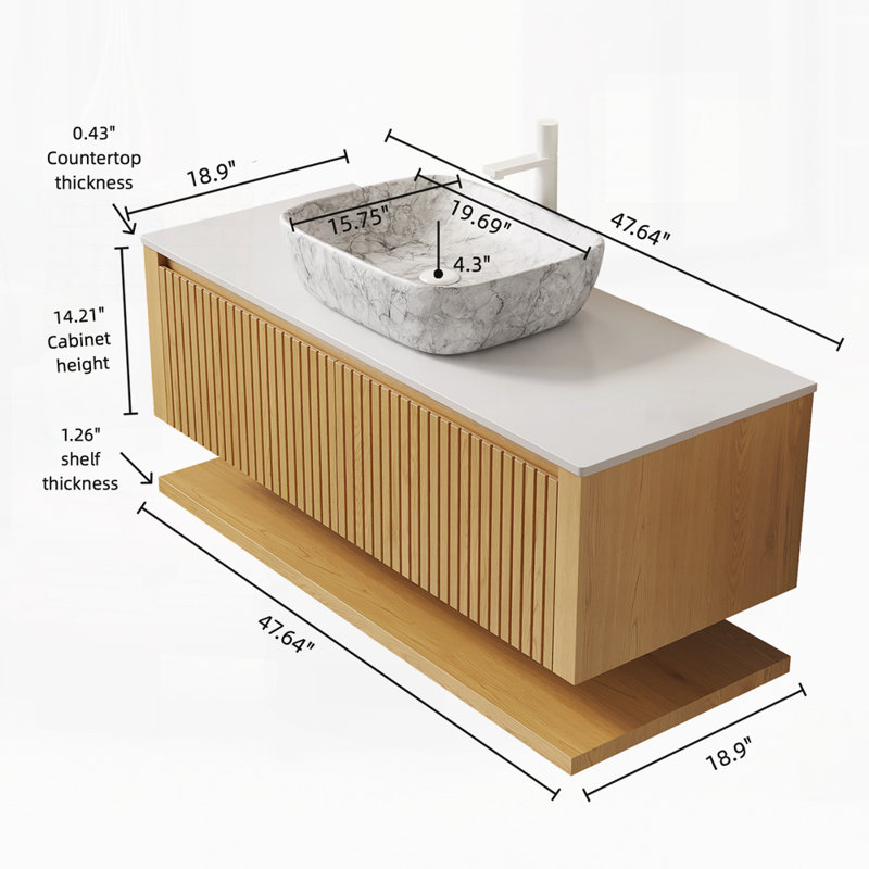 Meuble-lavabo 48 po avec lavabo, armoire de rangement murale en contreplaqué avec tiroirs et tablette ouverte, Gris Pierre