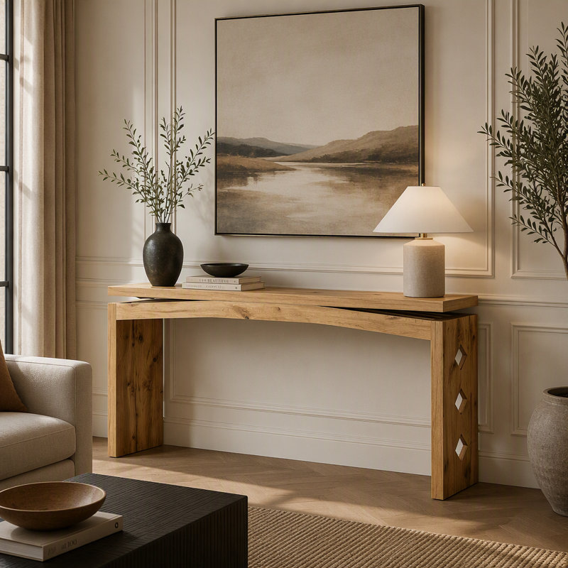 Console de 158 cm (62,2 po) en placage de bois avec incrustations en losange et plateau coulissant pour entrée, Bois naturel