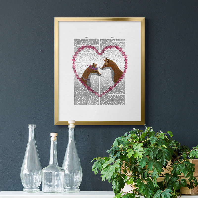 Renards dans un cœur rose, toile de qualité supérieure, prête à être accrochée, Encadrement doré, H 24 po x l 20 po