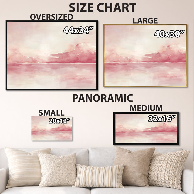 «Blush Cloud Horizon I», art mural paysage marin rose, H 12 po x l 20 po, Cadre flottant noir