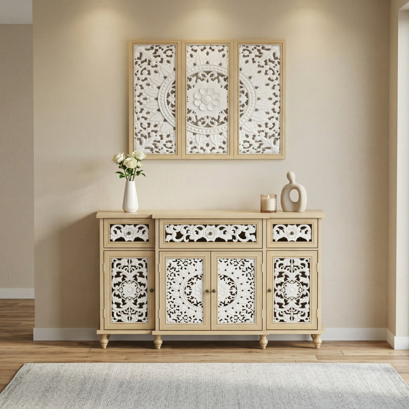59.1"  Sideboard With 2 Carved Doors, 3 Drawers & Adjustable Shelves