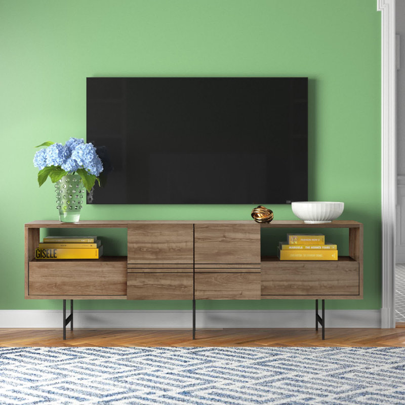 Modern TV Stand with Wall-Mounting Option, Walnut & Black, 70.9 x 25.5 x 14.6 inches | 100% Melamine Coated Particle Board, Thickness: 0.7 inches | Stylish Scandinavian Design with Ample Shelves for Storage