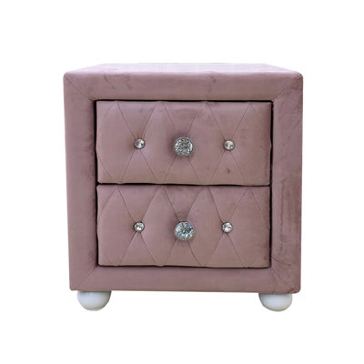 Fabric Upholstered Nightstand With 2 Drawers, Pink