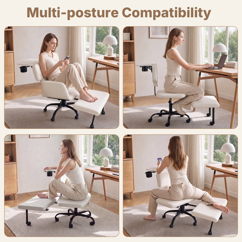 White Swivel Meditation Chair with Footrest, Side Table & Cup Holder - PU Leather Lounge Chair