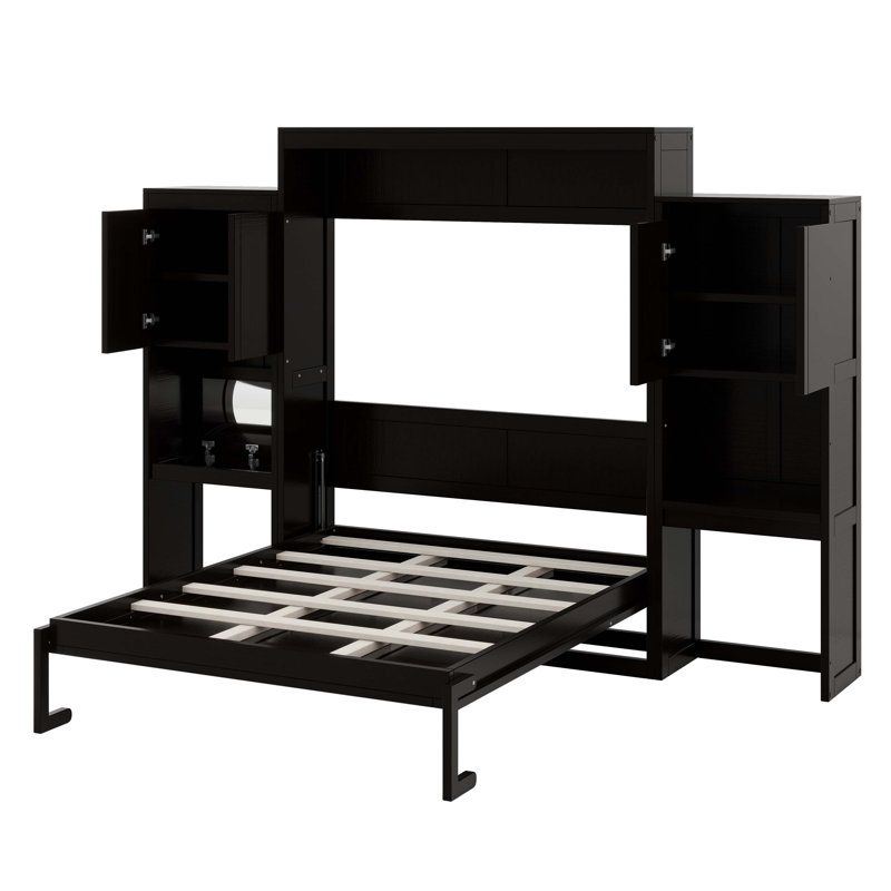 Lit escamotable multifonctionnel avec commode rabattable, armoires de rangement et bureau, Espresso