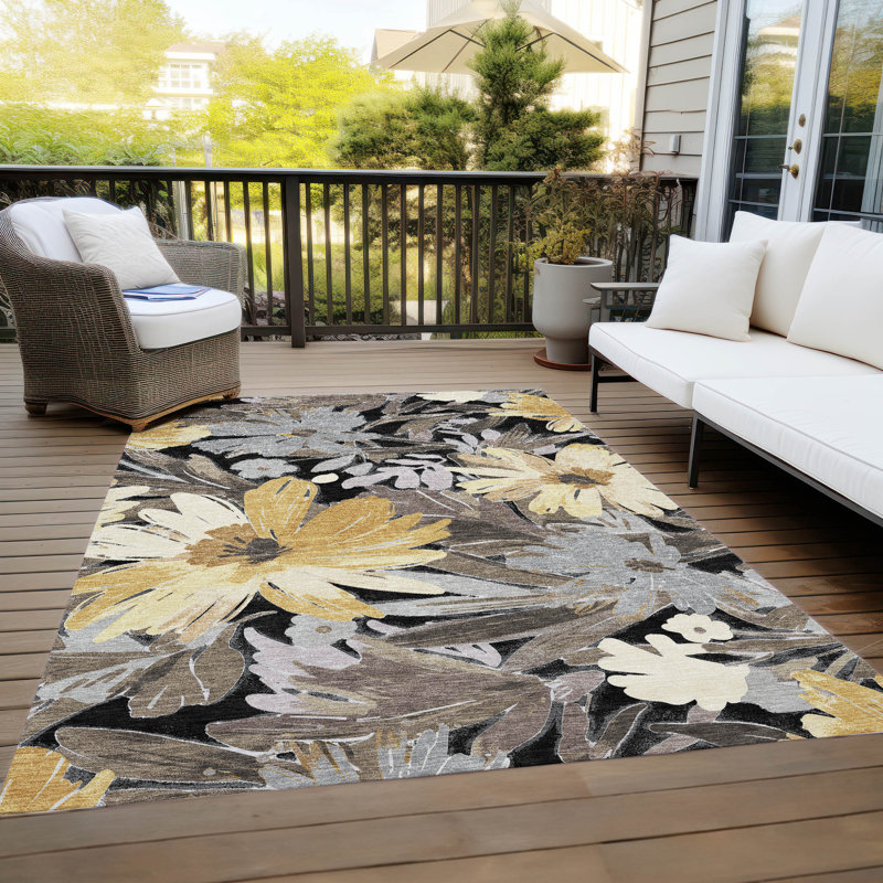 Black and Yellow Floral Synthetic Washable Rug, 2'6" x 3'10"