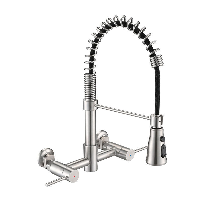 3 Functions Wall Mounted Bridge Kitchen Faucet, Brushed Nickel, 1.8GPM