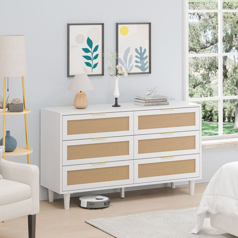 Commode à 6 tiroirs Ayanna, Blanc2, Doré, H 29,53 po x l 51,18 po x P 15,75 po