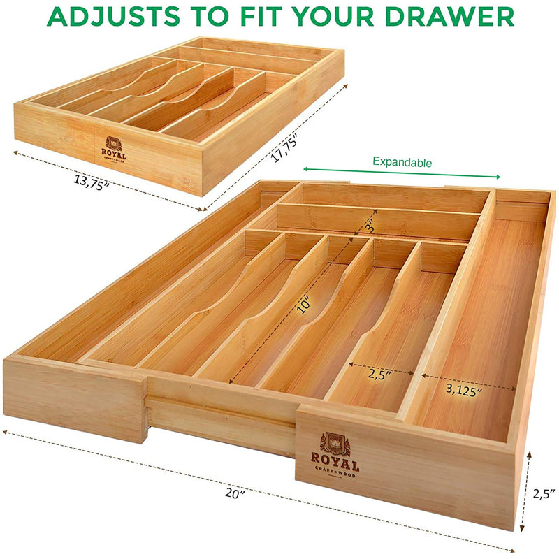 Rangement de tiroir ajustable pour couverts et ustensiles de cuisine, Naturel