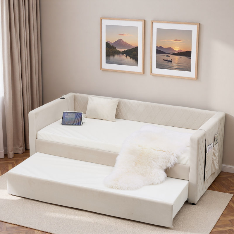 Diamond Grid Velvet Daybed With Usb Charging, Side Pocket And Trundle, Beige