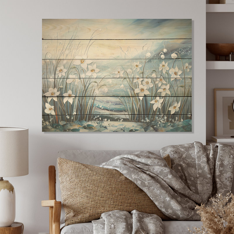 «Snowdrop Flowers Field In Winter I - Snowdrops», art mural sur bois de pin naturel, 10" H x 20" W