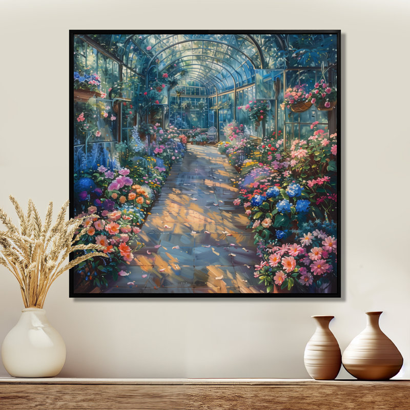 Jardin rose et vert Eden Greenhouse I - Art mural, Cadre flottant noir, bois massif, H 30 po x l 30 po