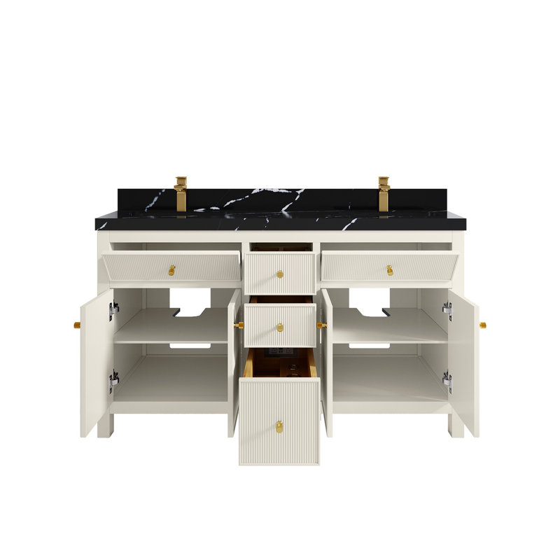 Sonoma 60 In. W X 22 In. D Double Sink Bathroom Vanity In Alabaster With 2 In. Viola Brown Quartz, Calacatta Black