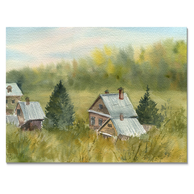 Petites maisons dans un paysage vert champêtre, reproduction d'art sur toile, H 12 po x l 20 po x P 1 po, Toile tendue