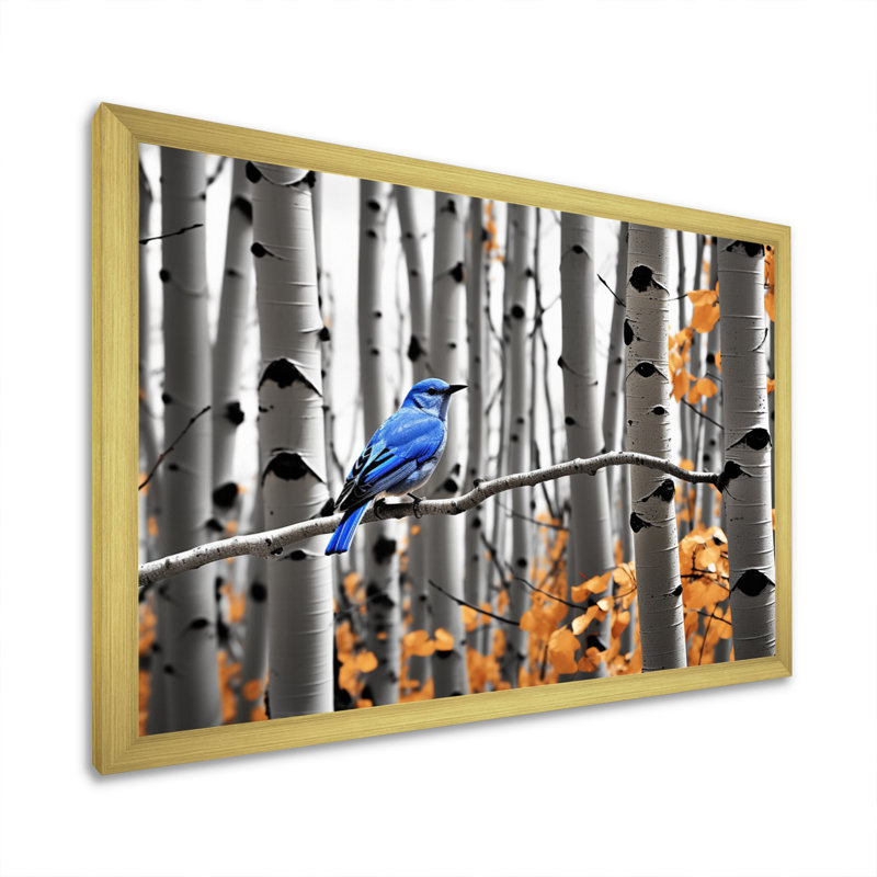 Bjarmi - oiseau bleu gris en forêt II - impression, H 24 po x l 32 po x P 1 po, Cadre doré simple