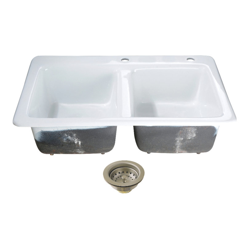 Kingston Brass Petra Galley 15-Inch Cast Iron Self-Rimming Double Bowl Bar Sink With Drain And Stainer, 2, Brushed Nickel