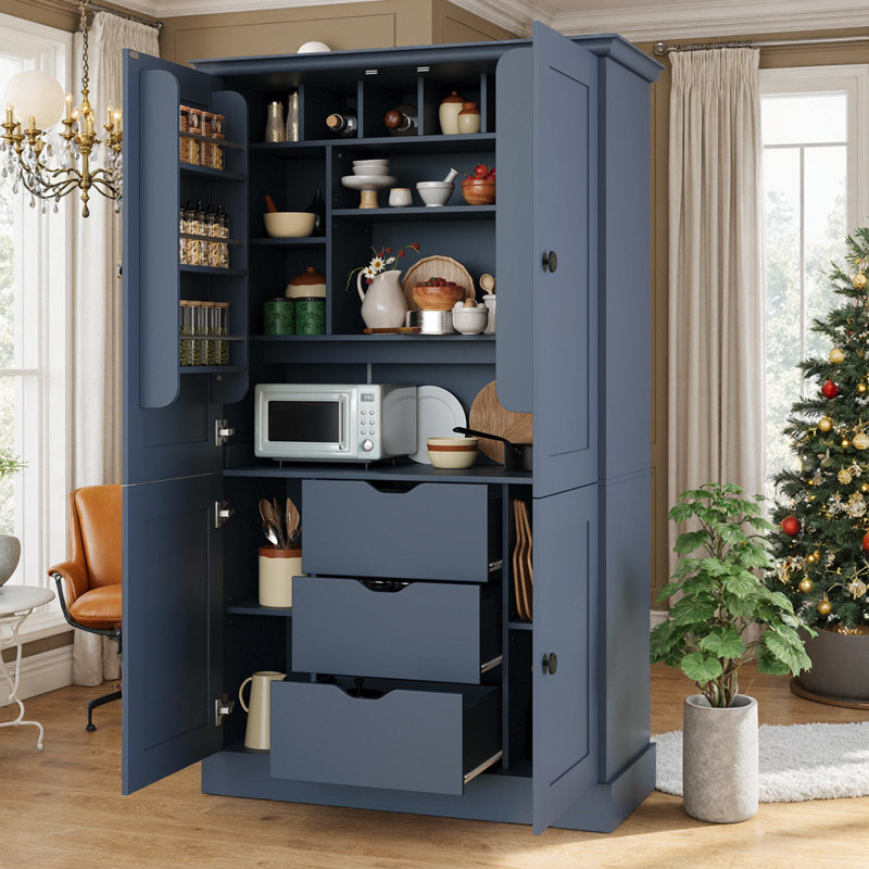 Armoire de cuisine avec 4 portes, 3 tiroirs, 6 supports à vin et poste de travail, Bleu