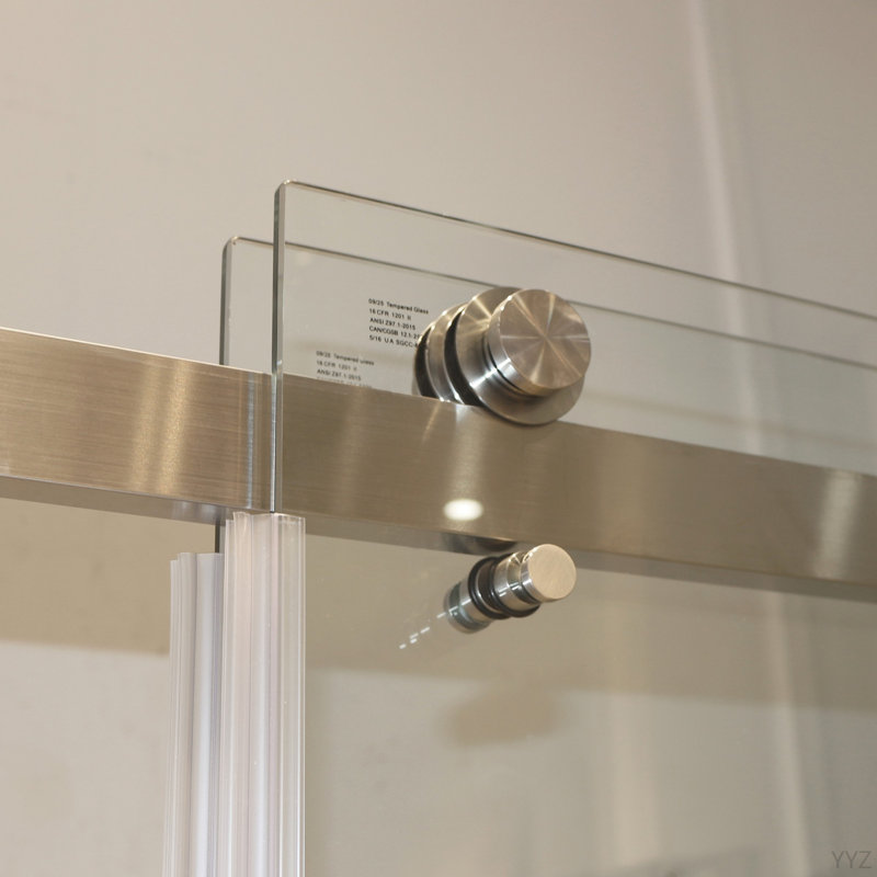 55-59"W X 72"H Frameless Double Sliding Shower Door, 304 Stainless Steel In Brushed Nickel 5/16" (8Mm) Thick SGCC Tempered Clear Glass. Round Handle With NANO Easy Cleaning Coating.