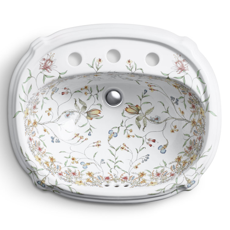 English Trellis Ceramic Oval Drop-In Bathroom Sink with Overflow