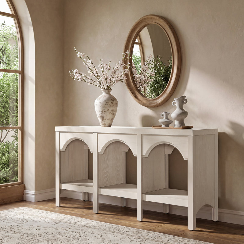 60" Modern Console Table, Entryway Table with Open Shelf and Arched Design for Hallway & Living Room, Light Beige